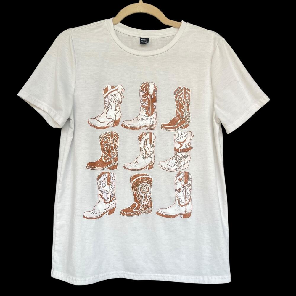 SHEIN‎ Shirt Womens Medium White Western Cowboy Boots Graphic Tee T-Shirt Casual